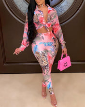 Load image into Gallery viewer, Cheetah Print Long Sleeve Skinny Button-down Blouse Suit Sets