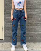 Load image into Gallery viewer, Butterfly Embroidery High Waist Jean Pants
