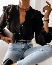 Load image into Gallery viewer, Ruffles Button Design Bell Sleeve Casual Shirt