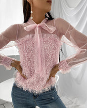 Load image into Gallery viewer, Fluffy Sheer Mesh Tie Front Long Sleeve Top
