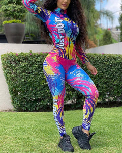 Tie Dye Multicolor Splash Long Sleeve Skinny Suit Sets