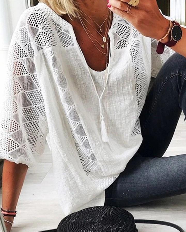 Stitching Lace 3/4 sleeve Blouse