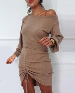 Solid Long Sleeve Crop Top & Drawstring Ruched Skirt Set