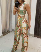 Load image into Gallery viewer, Leaf Print Sleeveless Loose Jumpsuit
