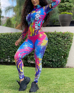 Tie Dye Multicolor Splash Long Sleeve Skinny Suit Sets