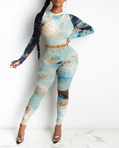 Tie Dye Print Ribbed Long Sleeve Top & Fitted Pants Set