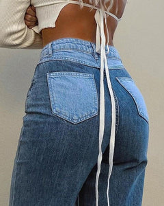 Hip-hop Color Block High Waist Jean Pants