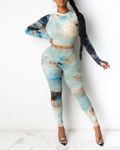 Tie Dye Print Ribbed Long Sleeve Top & Fitted Pants Set