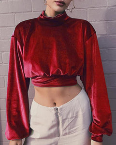 Solid Color Long Sleeve Cropped Blouse