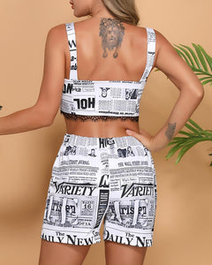 Newspaper Print Sleeveless Strap Cropped Tanks Suit Sets