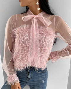 Fluffy Sheer Mesh Tie Front Long Sleeve Top