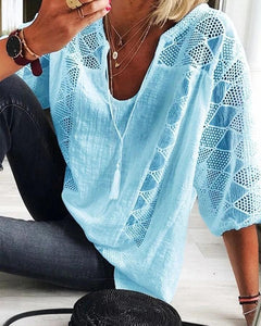 Stitching Lace 3/4 sleeve Blouse