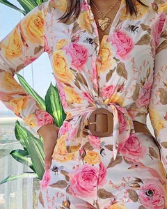 Floral Print Long Sleeve Coat Suit Sets