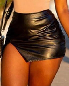 Slit HIgh Waist Leather PU Skirt