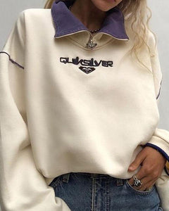 Colorblock Embroidery Long Sleeve Loose Sweatshirts