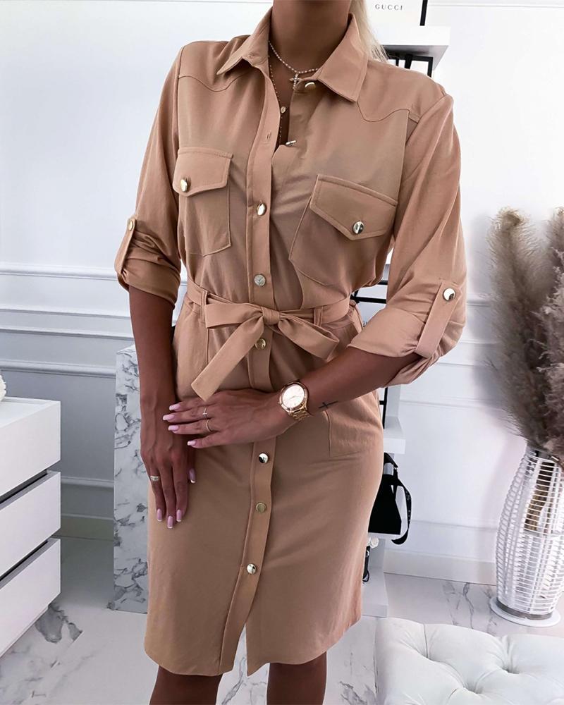 Solid Long Sleeve Lace-up Shirt Dress