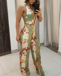 Leaf Print Sleeveless Loose Jumpsuit