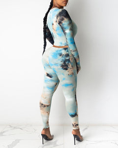 Tie Dye Print Ribbed Long Sleeve Top & Fitted Pants Set