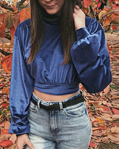 Solid Color Long Sleeve Cropped Blouse