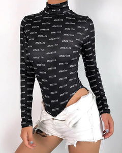 Letter Printing Long Sleeve Bodysuit