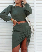 Load image into Gallery viewer, Solid Long Sleeve Crop Top &amp; Drawstring Ruched Skirt Set
