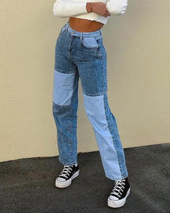 Hip-hop Color Block High Waist Jean Pants